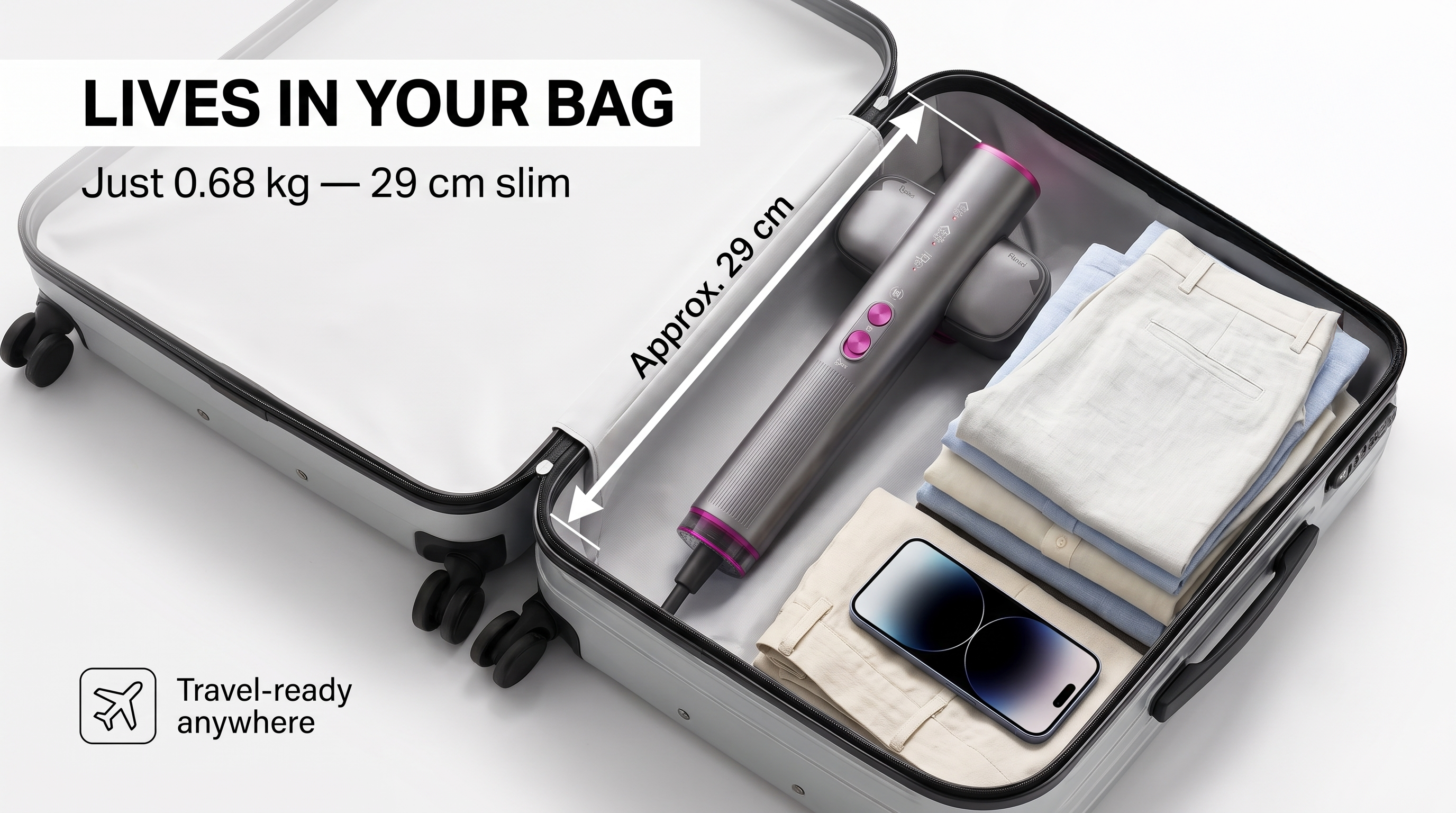 Iron in suitcase side pocket